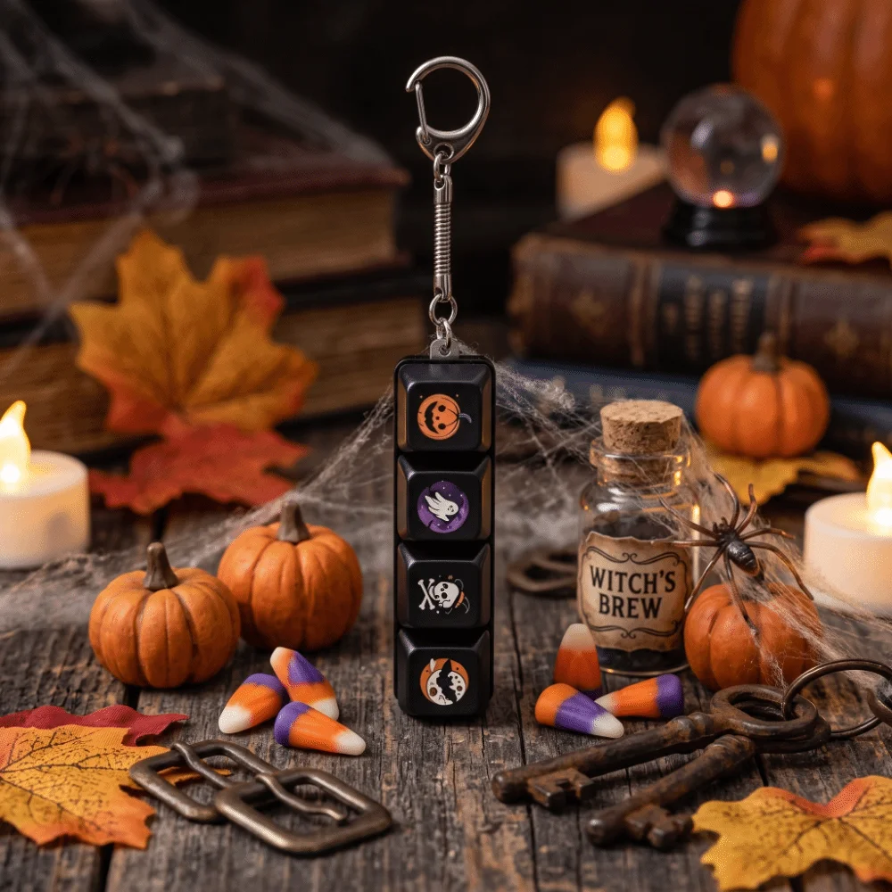 Multi-Button Press Fidget Keychain Pumpkin Ghost Witch Cartoon Style Button Press Keychain Spooky Design Keycap Keyring