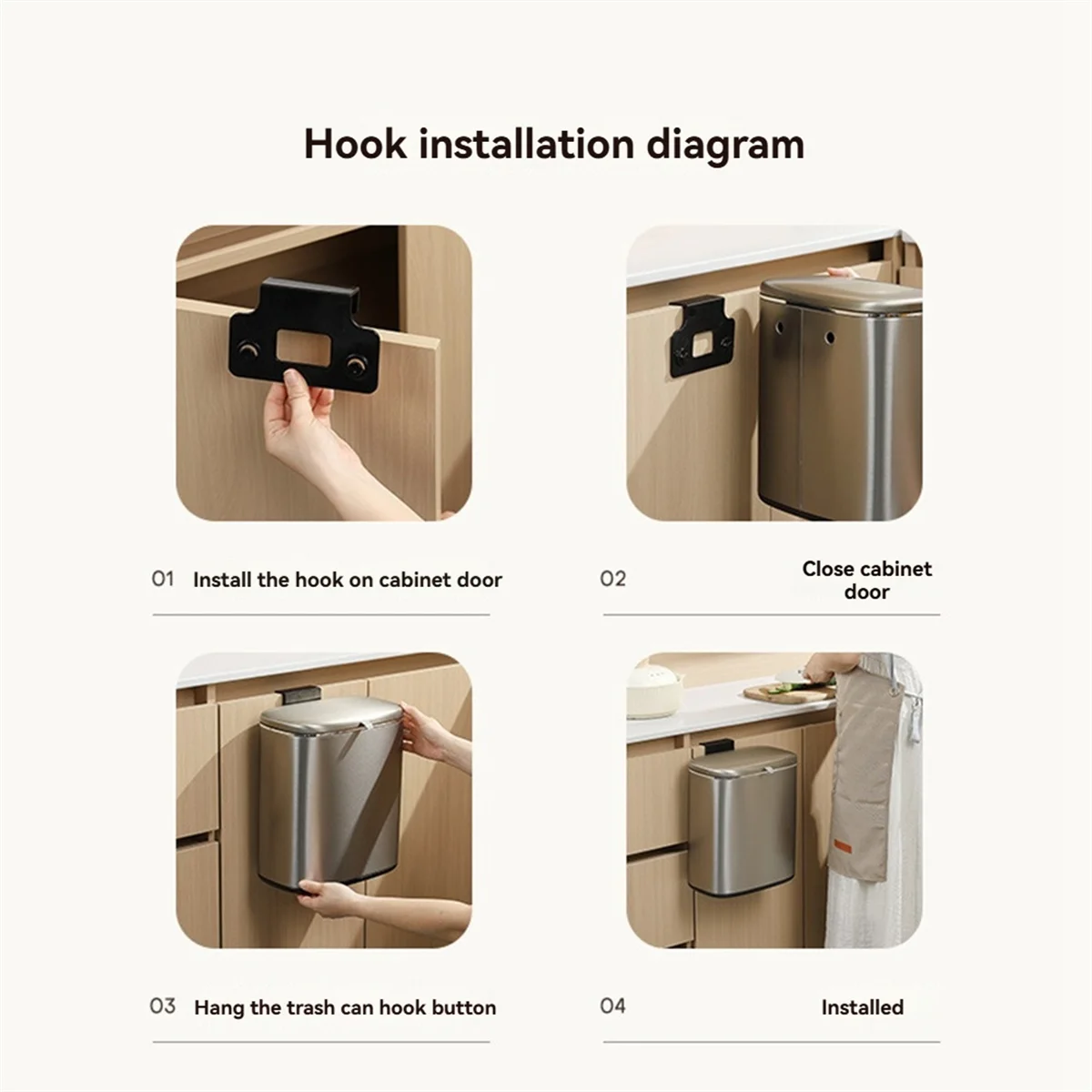 Cubo de basura colgante de 8L para puerta de armario de cocina con tapa, cubo de basura, mostrador de pared, luz de cubo de Compost