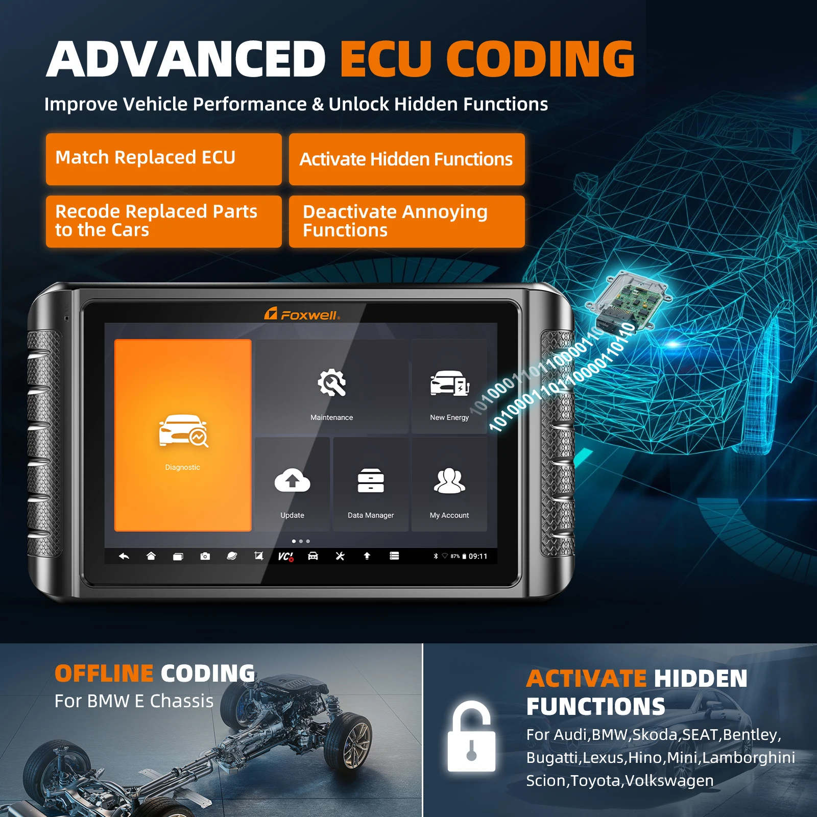 Foxwell 2023 버전 전문 ECU 코딩 액티브 테스트 스캐너, 35 리셋 OBD 진단 도구, 와이파이 무료 업데이트, NT1009 OBD2