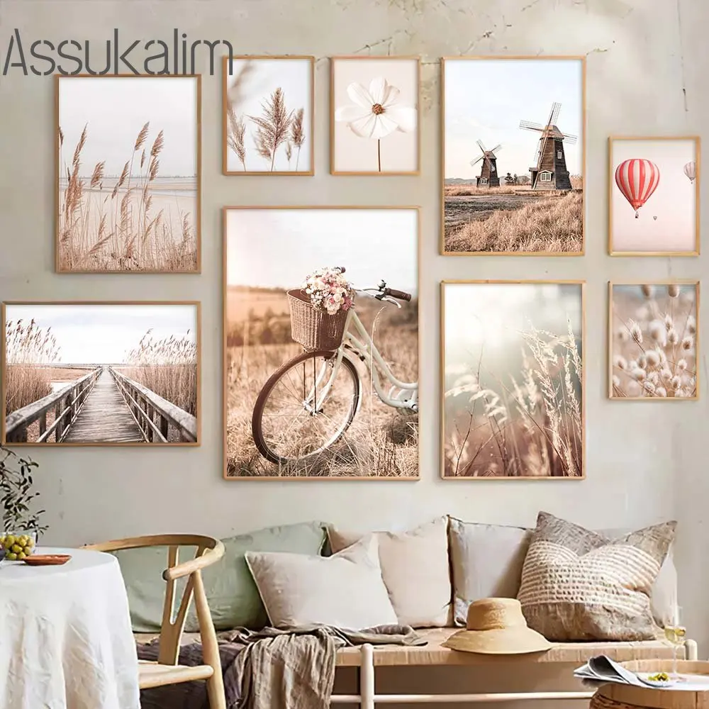 Paysage Beige mur Art vélo impression photos orchidée toile affiche pissenlit peinture affiche nordique affiches chambre décoration murale