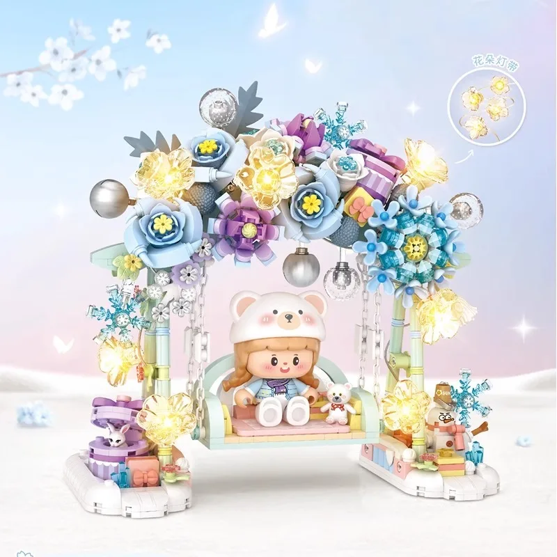 Flower Swing Building Blocks Assembled Cherry Blossom Swing Warm Sun Winter Snow Model Ornament Collection Gift