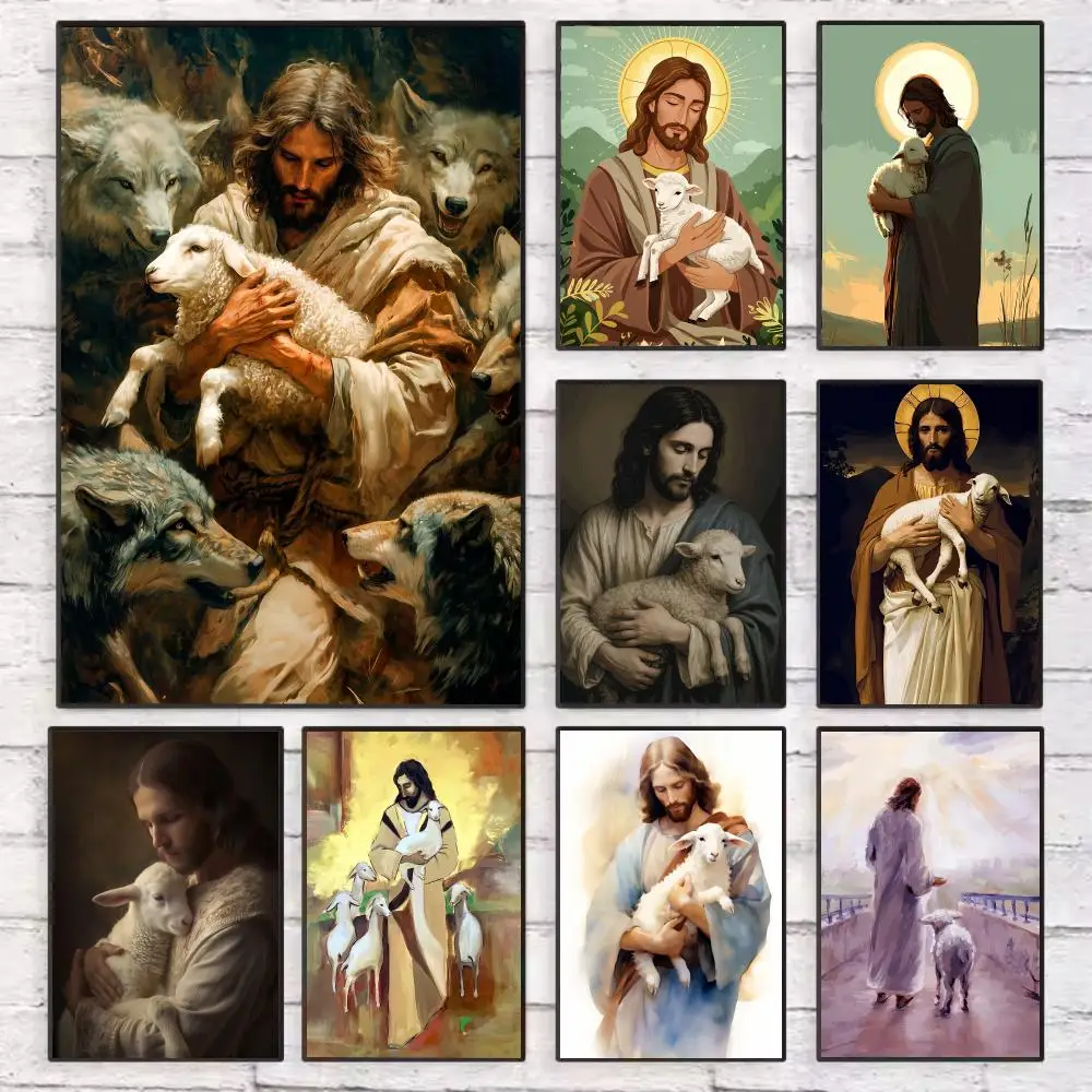 

Jesus Christ With lamb Poster Wall Art Sticky for Living Room Bedroom Office Hallway Bar Home Decor Gift Idea
