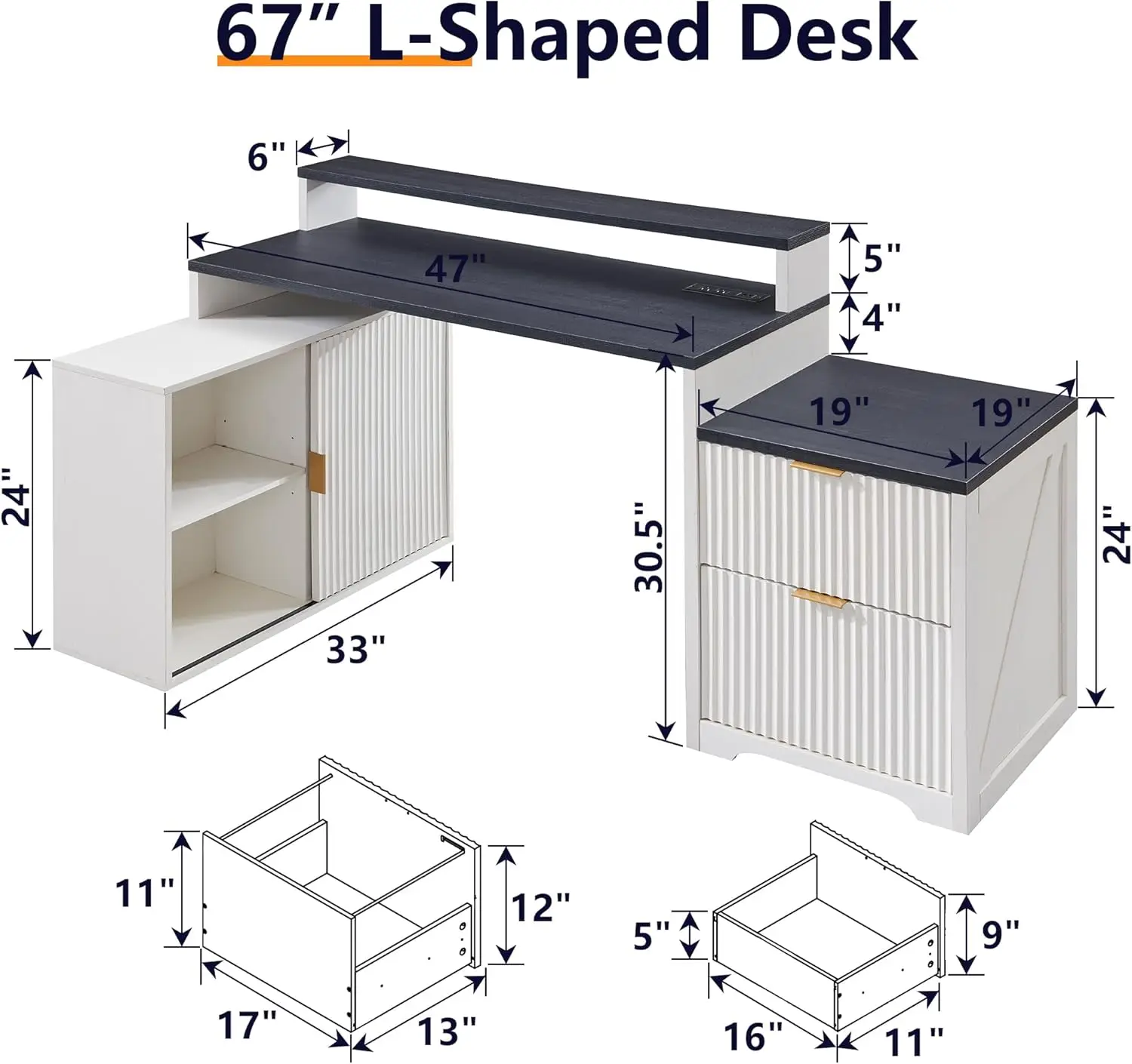 JXQTLINGMU 67 inch L-shaped desk with storage cabinets, drawers, power sockets, and a computer writing desk with grooves