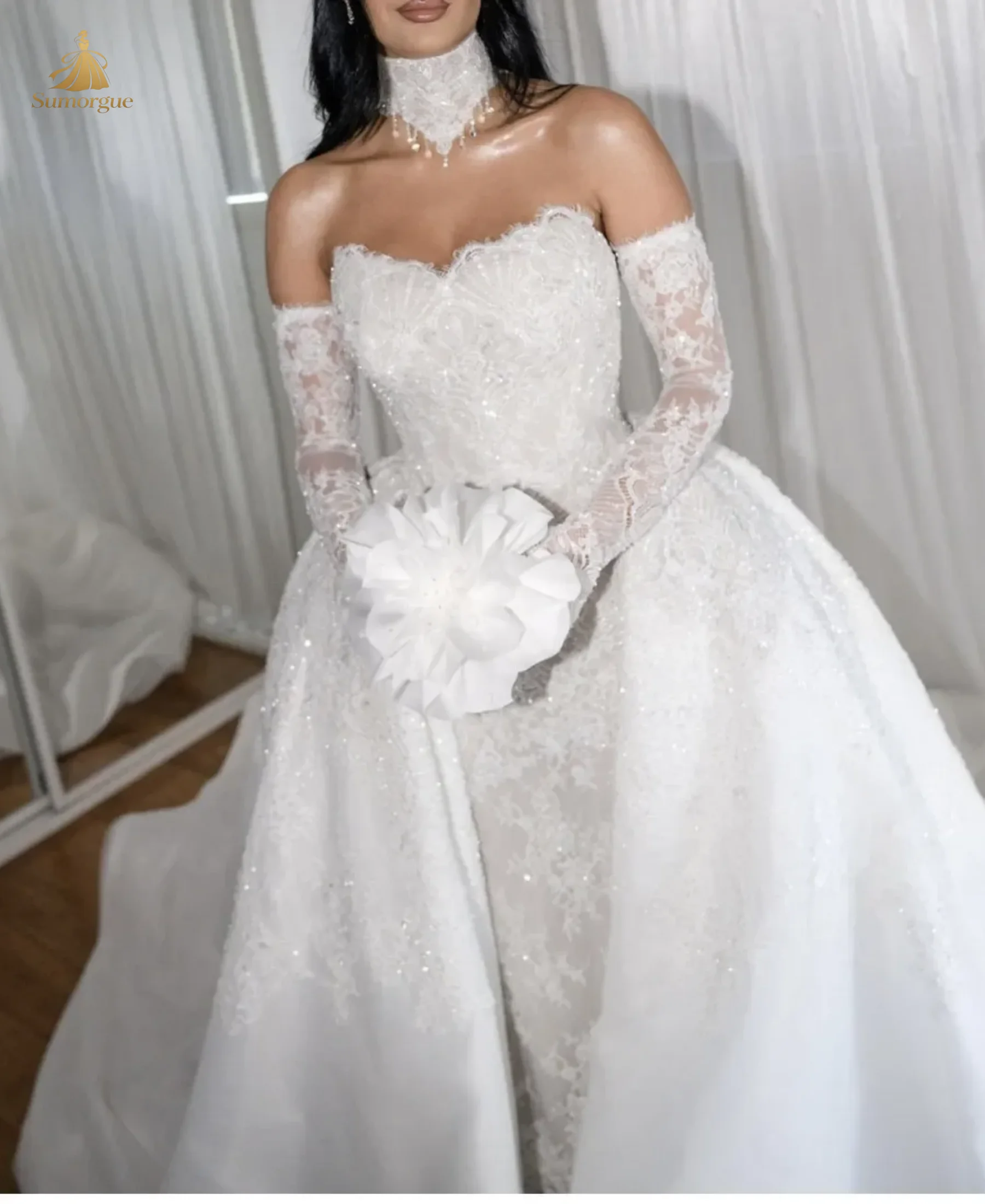 ARomantic Sweetheart Lace Mermaid Wedding Dress Strapless Sheath Decoration Bridal Dress Detachable Vestidos De Noiva Customized