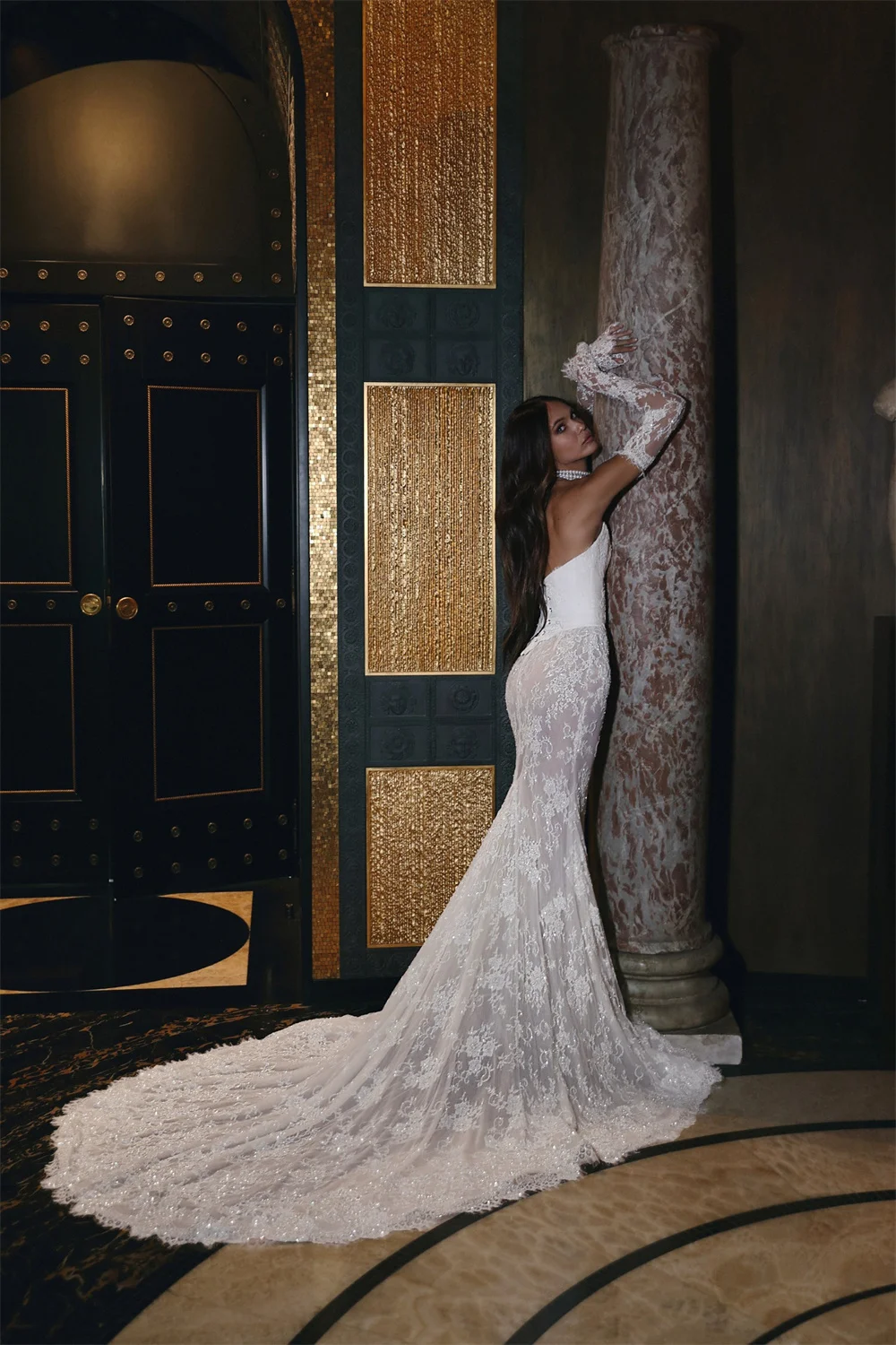 طوكيو مخصص الأبيض حورية البحر فستان الزفاف حمالة انفصال الأكمام عودة الدانتيل متابعة ثوب الزفاف قطار المحكمة ثوب الزفاف #2