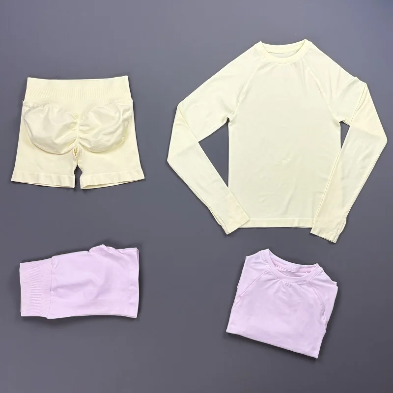 2 Piece Yoga Set Women Seamless Crew Neck Raglan Long Sleeve Top Scrunch Butt Biker Shorts Stretch Solid Gym Workout Suit