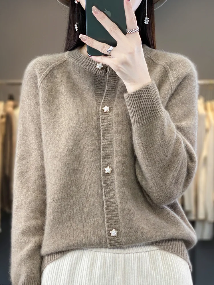 Spring New Women Cardigans 100% Merino Wool Sweater O-Neck Raglan Sleeve Thick Sloid Cashmere Knitted Coat Korean Fashion Tops