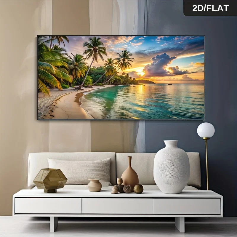 Modern Tropical Beach Sunset Wall Art with No Frame, Print, Palm Trees & Golden Sands,Hawaiian Decor for Living Room