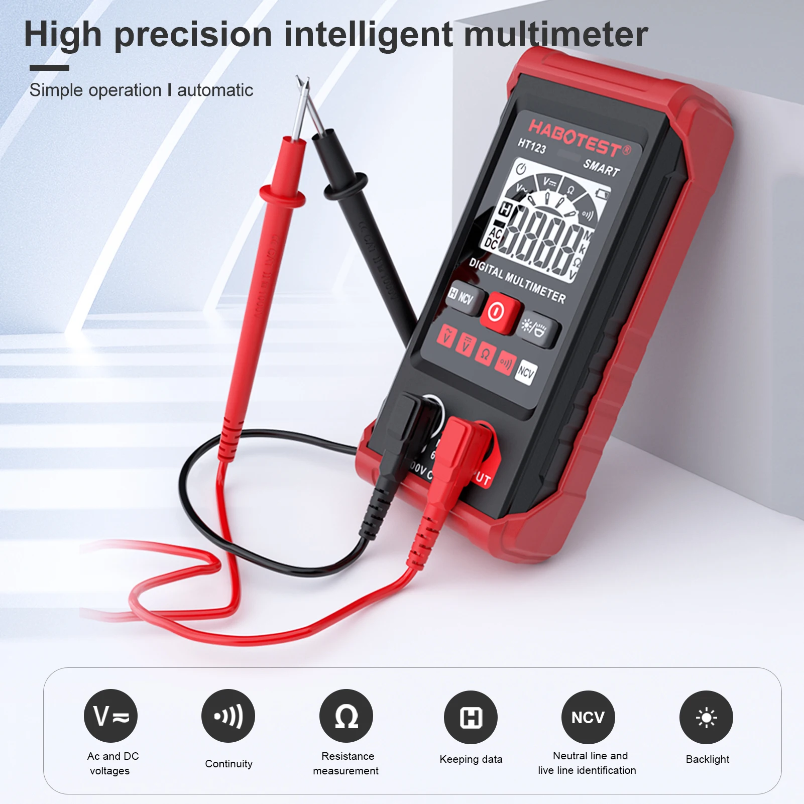 HABOTEST HT123 Smart Digital Multimeter AC/DC Voltage Resistance Continuity Measurement Tester NCV Multimeter with Backlight