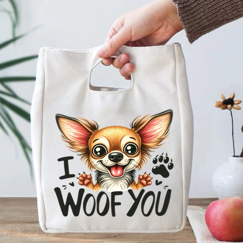 Children School Lunch Bag I Woof You Cartoon Dog Print Portable Bento Bags Cartoon Kawaii Dog Lover Canvas Lunch Box Storage Bag