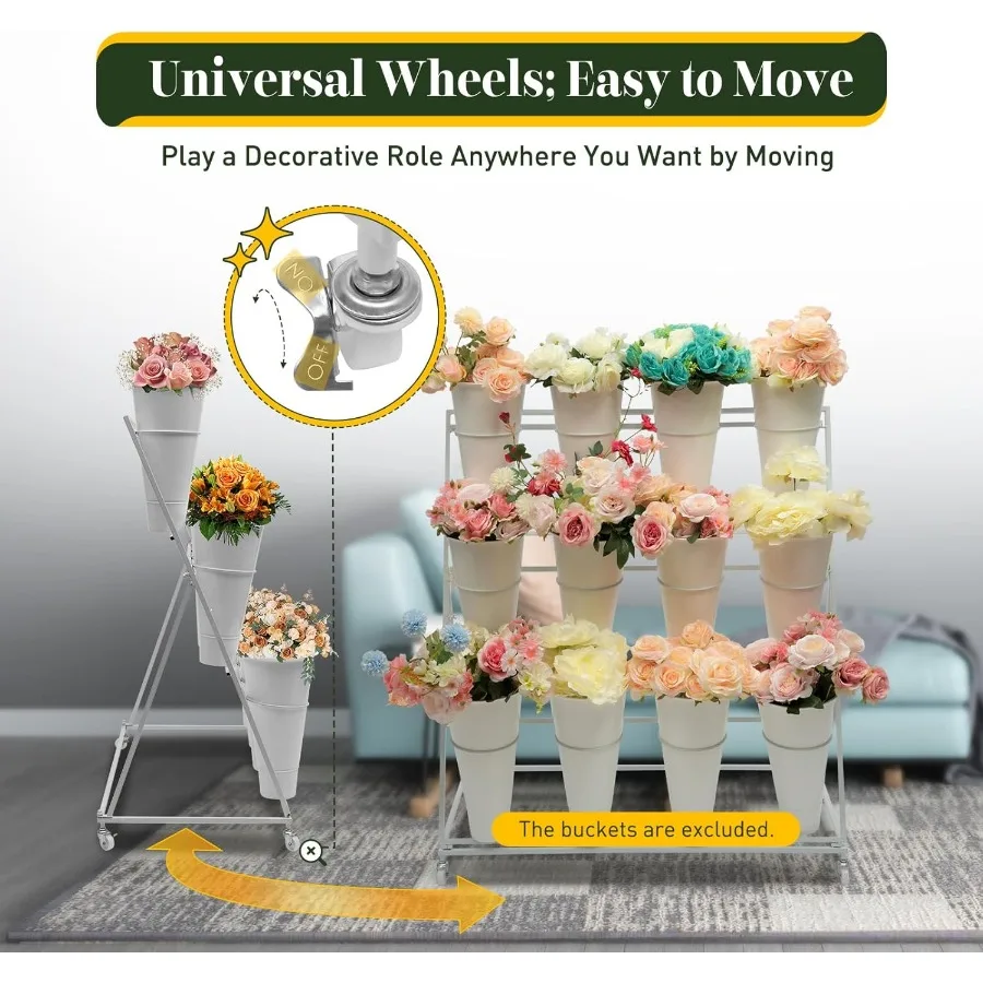 3-poziomowy stojak na kwiaty z 12 wiadrami i kółkami do użytku wewnątrz i na zewnątrz, wytrzymały wózek na rośliny z solidną konstrukcją