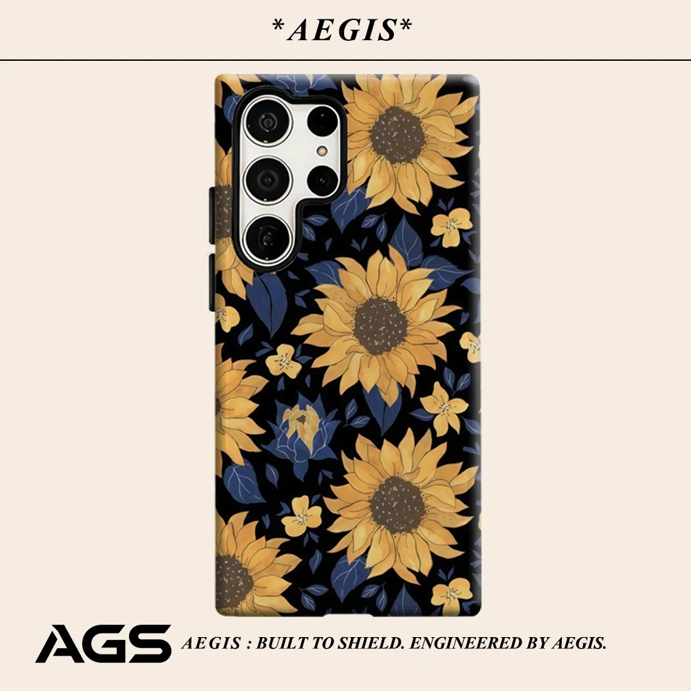 Black Gold Sunflower Phone Case for Samsung Galaxy S25 Ultra S24 S23 Ultra Plus Glossy Double-layer Back Cover