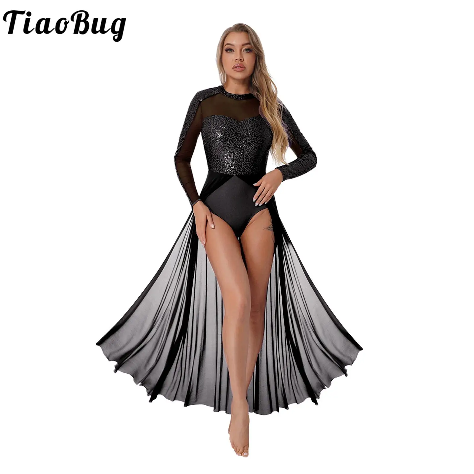 

Sparkling Women Adult Sequins Ballet Dance Costumes Maxi Leotard Dress Long Sleeve Asymmetrical Tulle Skirts Lyrical Dress