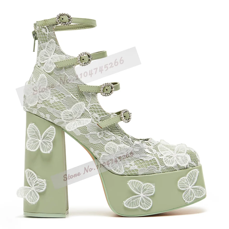 فراشة بيضاء الدانتيل منصة الكعوب لوتس الأخضر غريبة صندل بكعب مكتنز فستان مضخات منصة عالية المطرزة كريستال مشبك الأحذية