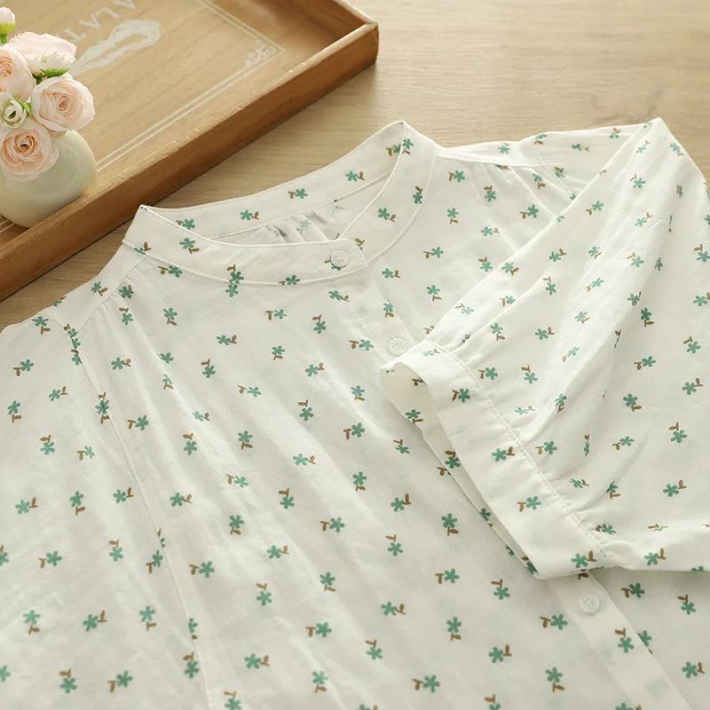 قميص صيفي جديد بأكمام تشبه جناح الخفّاش من القطن لعام 2025، بلوزة فضفاضة متعددة الاستخدامات مطبوعة برقبة دائرية للسيدات من Mori Girl T57123CC