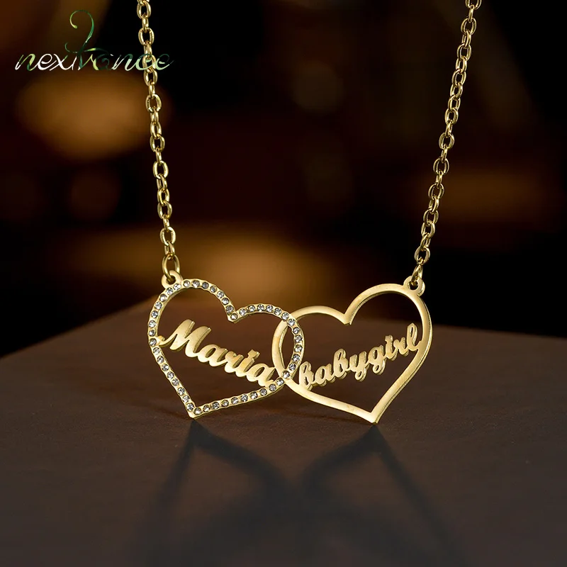 

Nextvanc Custom Name Lovers Necklace Stainless Steel Personalized Double Hearts Pendant Women Couple Friends Jewelry Gift