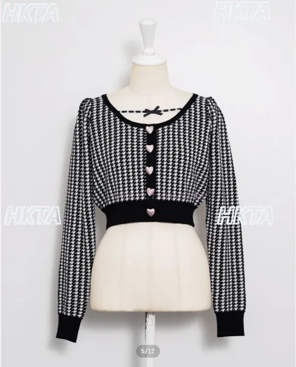 

Японский кружевной бархатный вязаный свитер с пуговицами в виде сердца и узором «гусиные лапки», осенний новый эластичный облегающий свитер с длинными рукавами для женщин