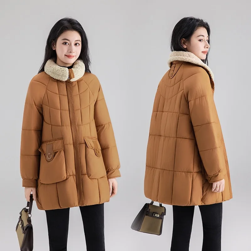 

Winter Down Cotton Jacket Women Lamb Wool Collar Casual Long Sleeve Thicken Warm Cotton-padded Parkas Female Overcoat Outerwear