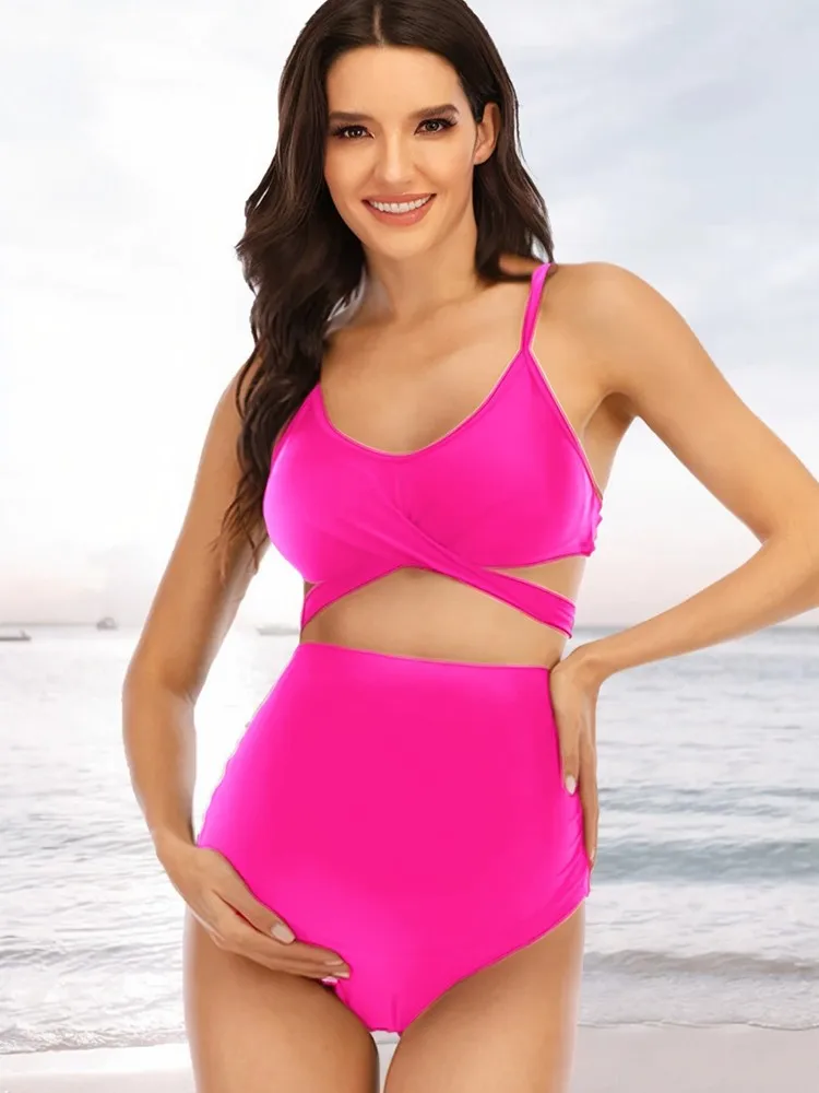 

Vibrant Maternity High Waist Bikini Set for Women Sexy Cutout Two-Piece Swimsuit Beachwear Bathing Suits Pregnant Swimwear 2025