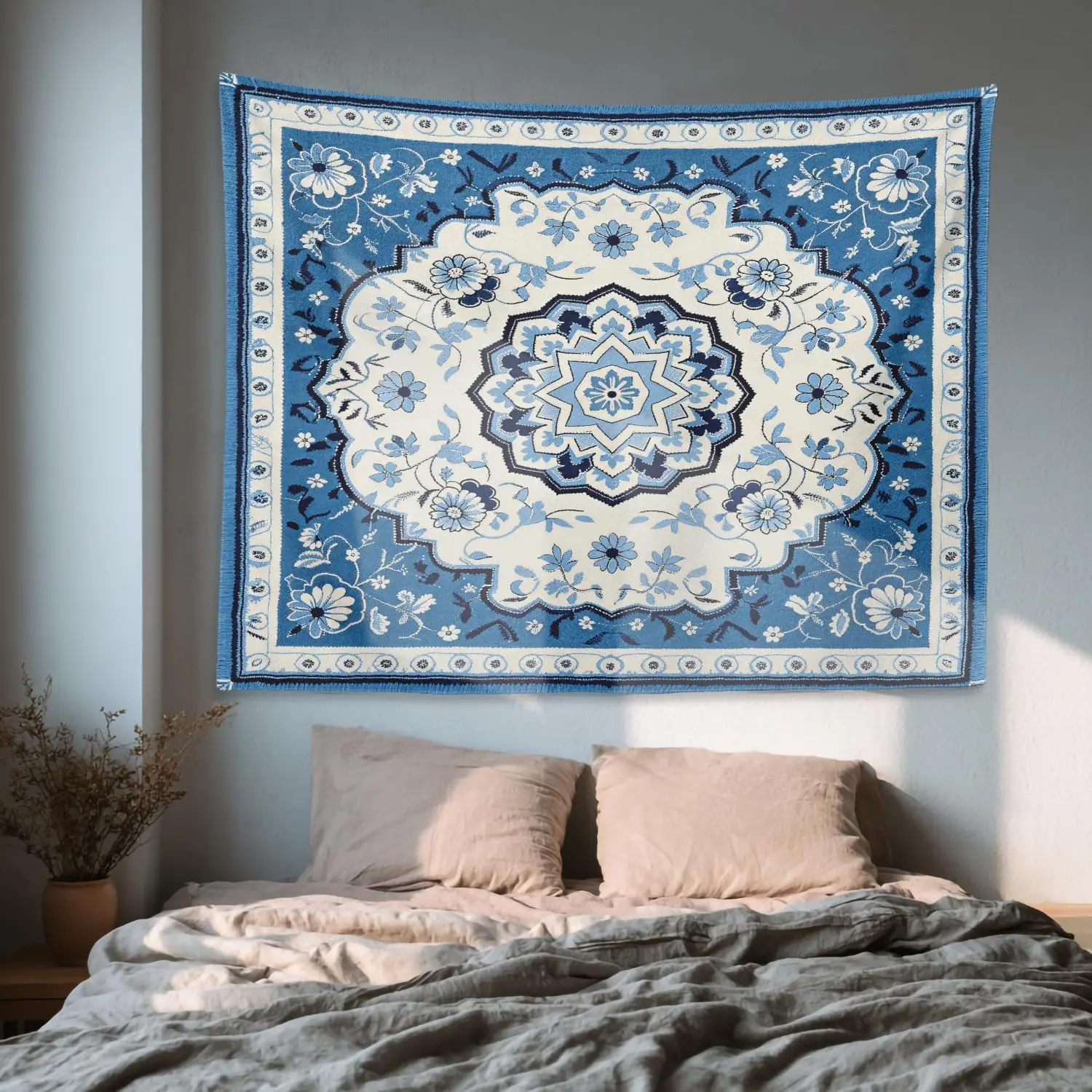 Round Mandala Blue Grey Tapestry, Tribal Brown Ethnic Vintage Retro Pattern Wall Hanging, Psychedelic Decoration for Bedroom