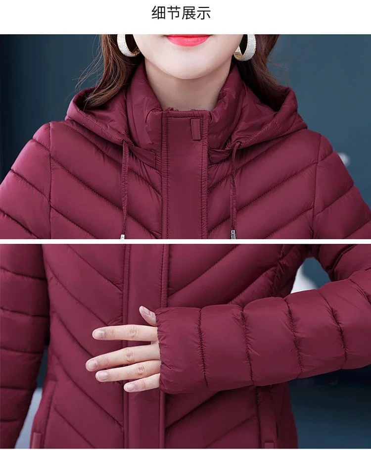 NEW Middle-aged Womens Down Cotton Coat Winter Long Warm Quilted Cotton Jacket Female Casual Hooded Parka Overcoat Purple 5XL