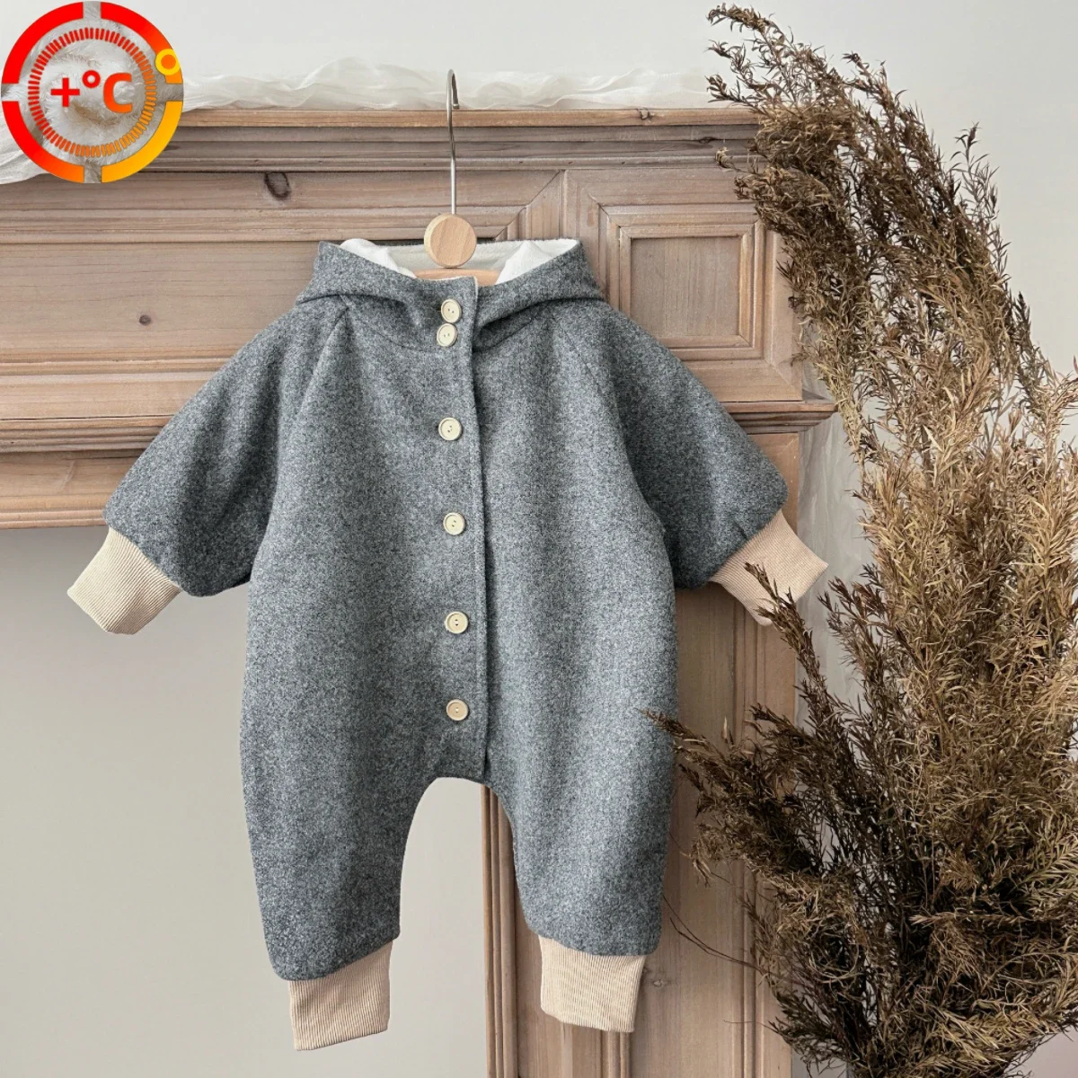 

Newborn Baby Boys Girls Jumpsuit Rainbow Printed Woolen Crawling Suit Cute Hooded Winter Clothing