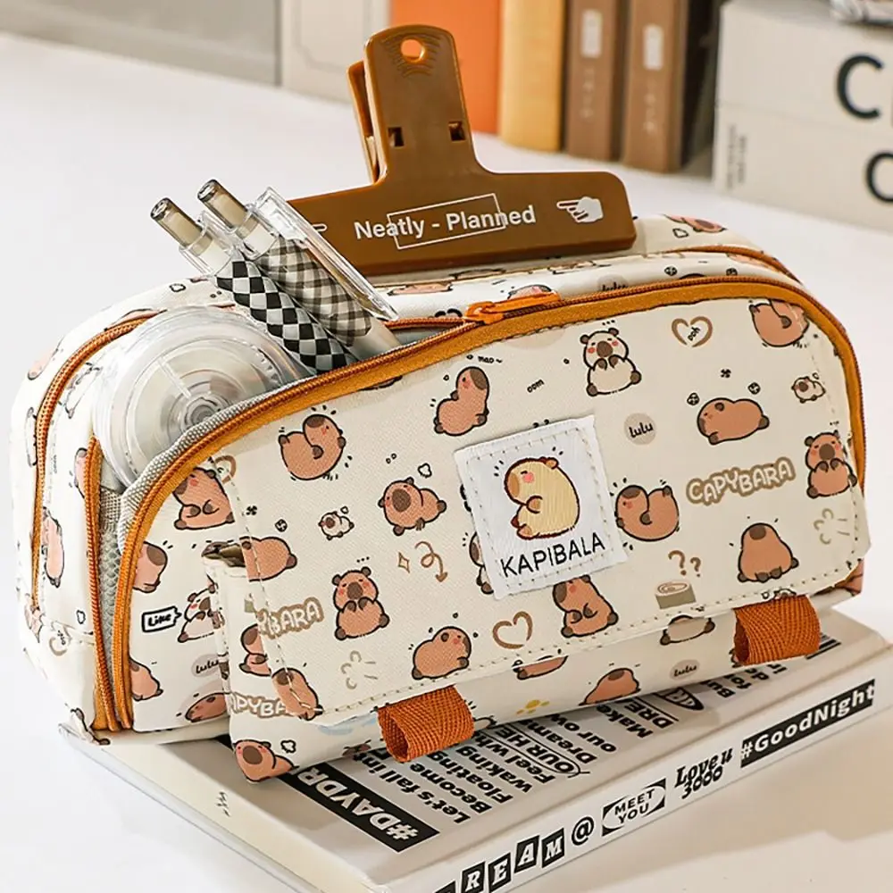 INS Capybara Four-layer Large Capacity Pen Bag Cute Cartoon Pencil Case Stationery Organizer Storage Bag For Students Gift