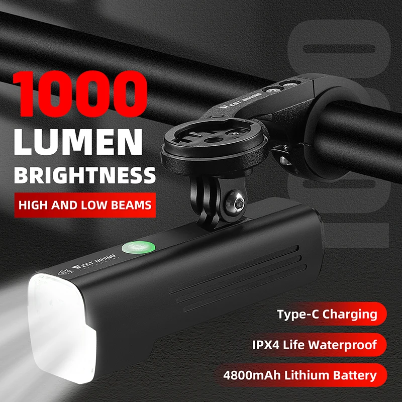 WEST BIKING Bicycle High/Low Beam Headlights Rechargeable 4800mAh Front Light General/Hanging Double Mounting Cycling Flashlight