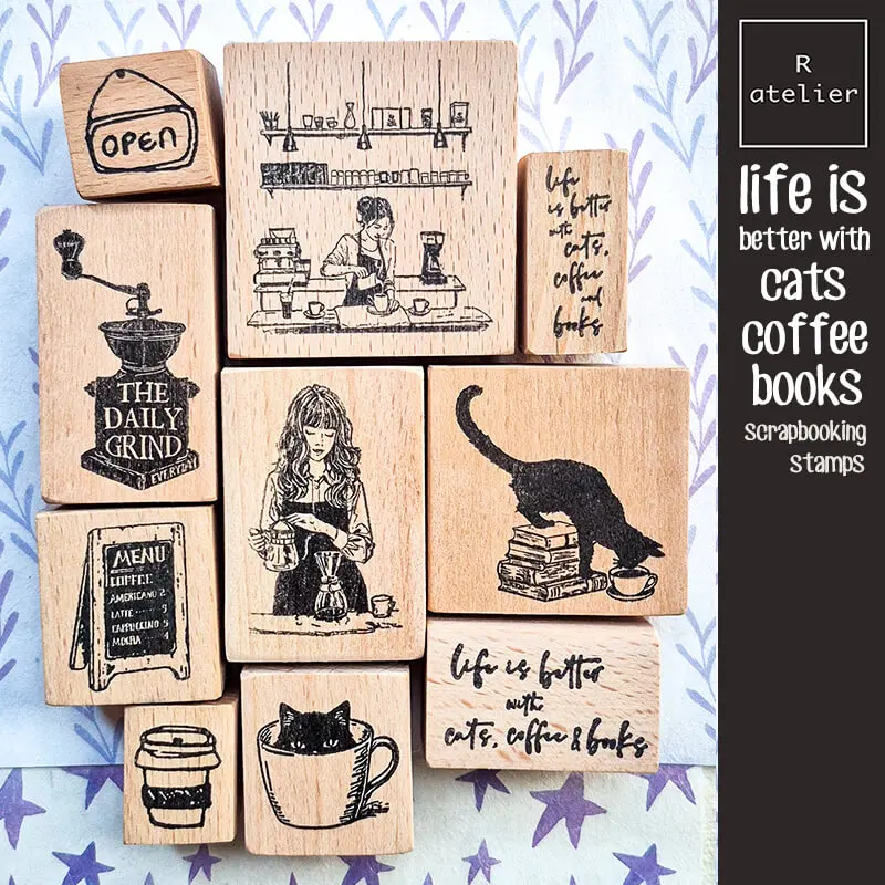 Tampon Scrapbooking fille café chat livre Scrapbook fournitures vie quotidienne journal timbres en bois