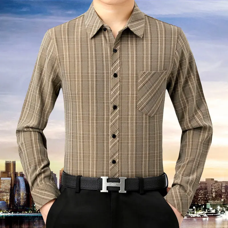 

Spring and Autumn High-End Plaid Shirt2024New Middle-Aged and Elderly Men's Shirt Long Sleeve Leisure Iron-Loose Dad Outfit