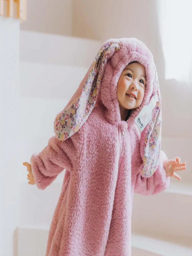 Autumn Winter Children Warm Jumpsuit Plush Sweet Cute Pajamas Kids Thickened Kawaii Casual Kids Cosplay Rabbit Hooded Clothing