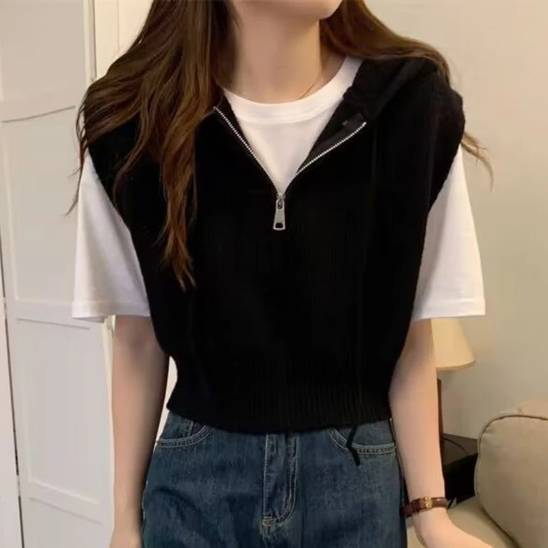 Przycięty sweter z kapturem kamizelki damskie BF Harajuku Streetwear szykowna moda koreański styl wiosenna dzianina bez rękawów studenci popularne