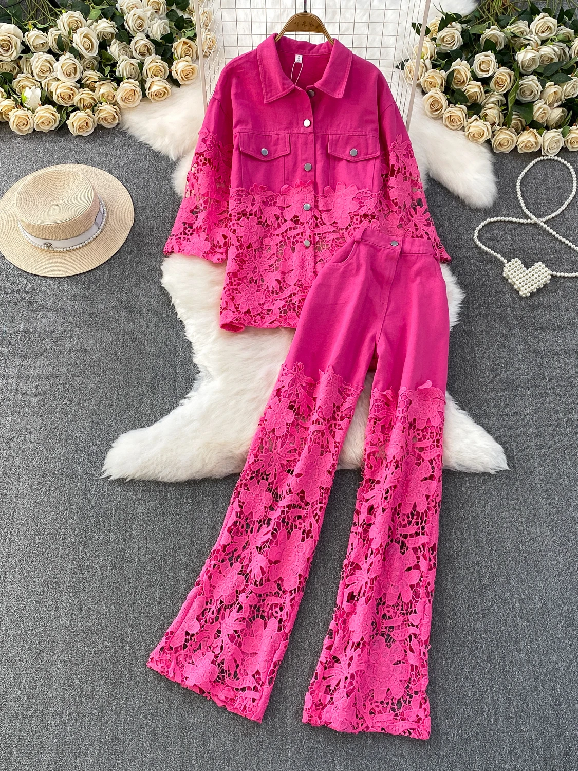 

Faionable Lace Splice Long Sve Denim irt High Waist Wide Leg Pants Two Piece Set for Women Casual Autumn Wear