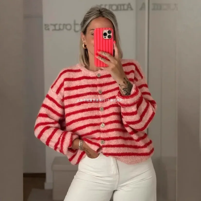

Женский полосатый кардиган с длинными рукавами, круглым вырезом, повседневный вязаный кардиган на пуговицах спереди, оверсайз, мягкий теплый пуловер