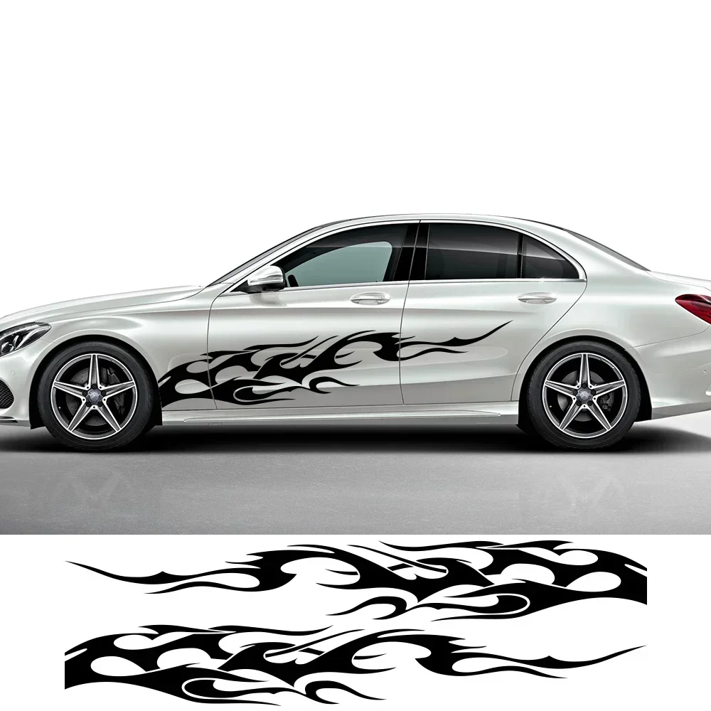 2Pcs Universal Vinyl Flame Graphics Car Body Side Stickers Flame Sports Racing Stripe Decorations Suitable For All Cars SUV