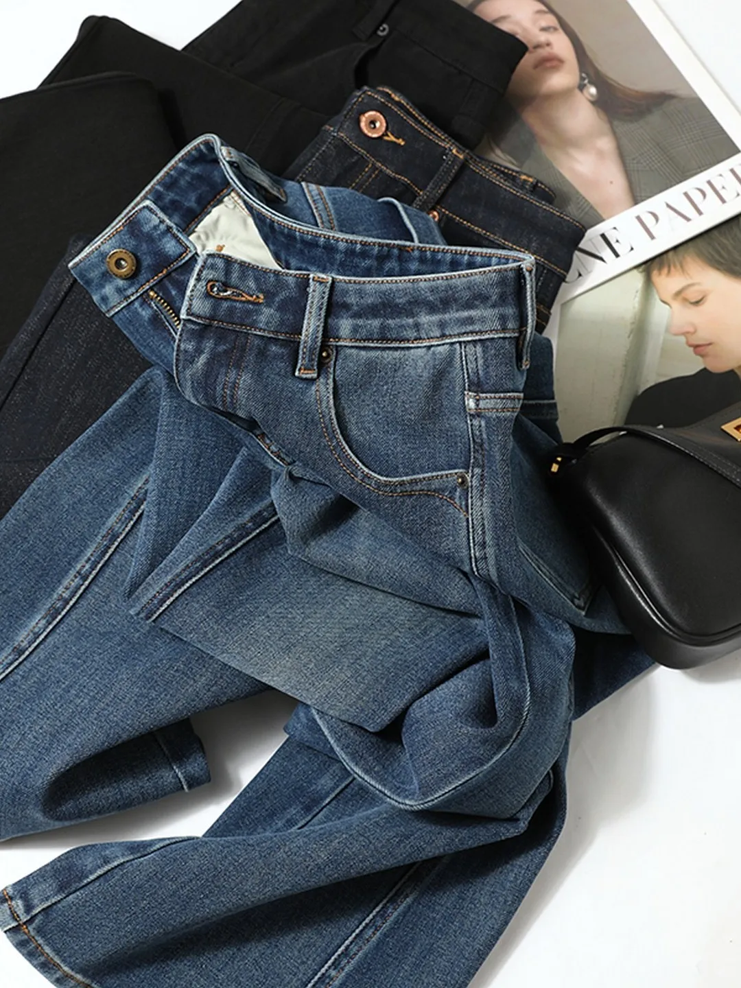 

Ретро джинсы-клеш с высокой талией, утягивающие, универсальные, из эластичного хлопкового денима, женские, модные, осенний сезон, на молнии