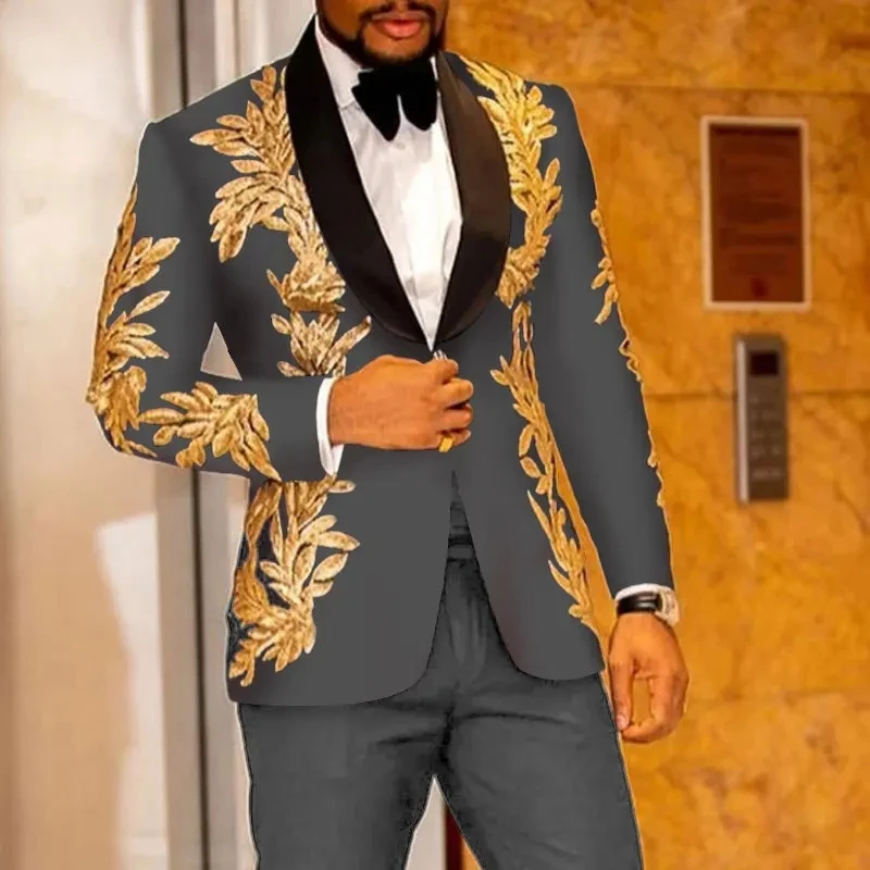 Royal Blue Shinny Embroidered Mens Suits 2 Pieces Sequin Blazers Tuxedos Wedding Groom Dress Stage Celebrity Host (Jacket+Pants)