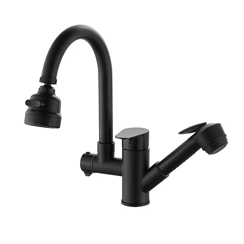 Kitchen Faucets Hot & Cold Soild Brass Sink Mixer Taps Pull Out Side Single Handle Deck Mount Splash Proof Water Rotating Black