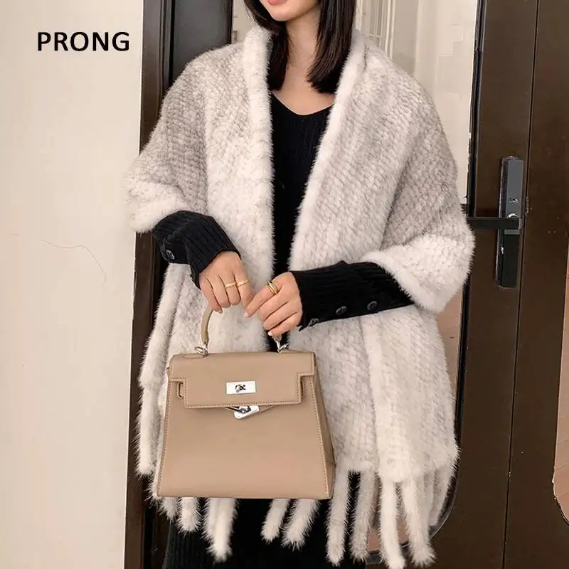 100% Natural Mink Fur Shawl Women Winter Warmth Extra Large Tassel Real Fur Scarf With Pocket Fashion Genuine Mink Fur Ponchos