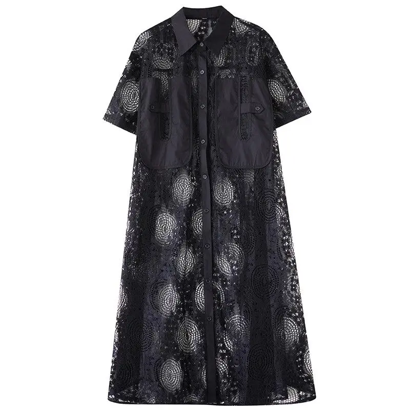 Modna sukienka 2024 Wiosna i jesień Nowy styl Luźne łączenie siatkowe Casualowa prosta sukienka koszulowa z krótkim rękawem dla kobiet A583