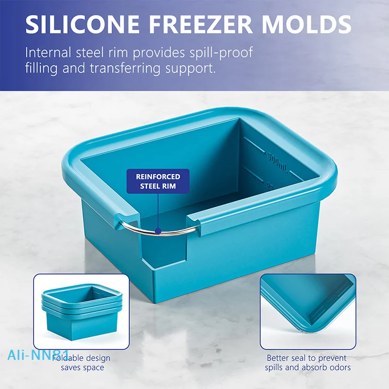 NN82 Silicone Freezing Tray With Plastic Lid Freezer Container Large Ice Molds Easy-Release Stackable For Food Storage