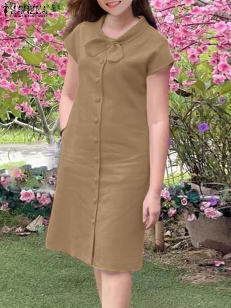 Zanzea ชุดเดรสทำงาน OL หรูหราสำหรับฤดูร้อนชุดเดรสแฟชั่นสำหรับผู้หญิงชุดเดรสปาร์ตี้แขนสั้นมีปกคอพับติดกระดุมชุดเดรสวันหยุด