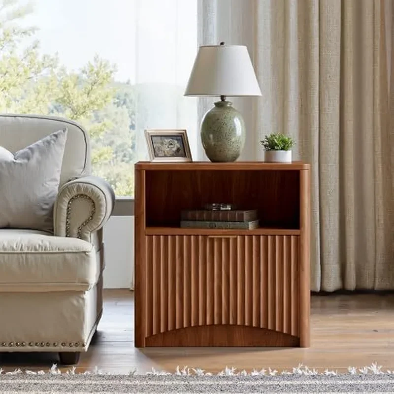 Walnut Grooved Bedside Table with Drawers and Storage Medieval Style Nightstand for Bedroom Home Furniture Cross Border