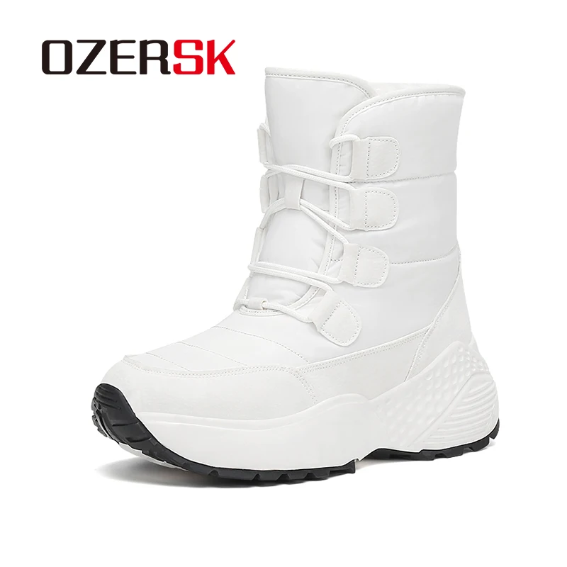 OZERSK New Waterproof Winter Snow Boots Lace Up Non-Slip Fashion Fur Comfortable Casual Handmade Plush Warm Boots For Women