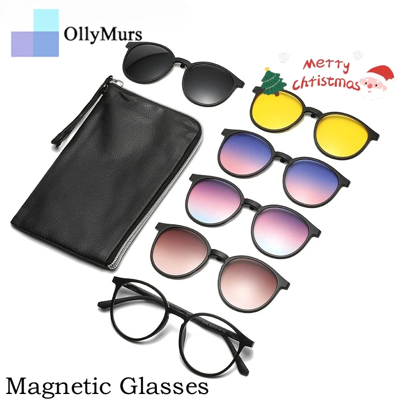 

OLLYMURS Сверхлегкая модная 1 + 5 магнитных зажимов TR90 круглая ретро квадратная оптическая оправа для очков по рецепту для мужчин и женщин