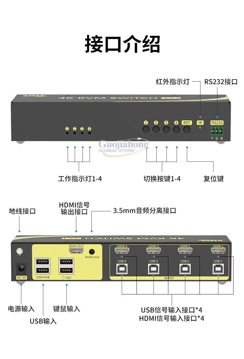 eKL 41HA 4K Seamless HD&MI KVM h&igh definition switcher 4 in 1 out Audio separation Support hotkey switching