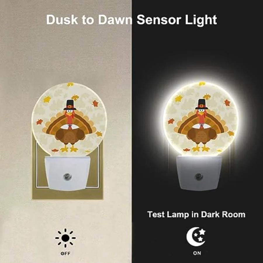 Cute Holiday Turkey Plug-in Nightlight Happy Thanksgiving Autumn Maple Leaves Orange Night Light LED Dusk-to-Dawn Sensor for Bo