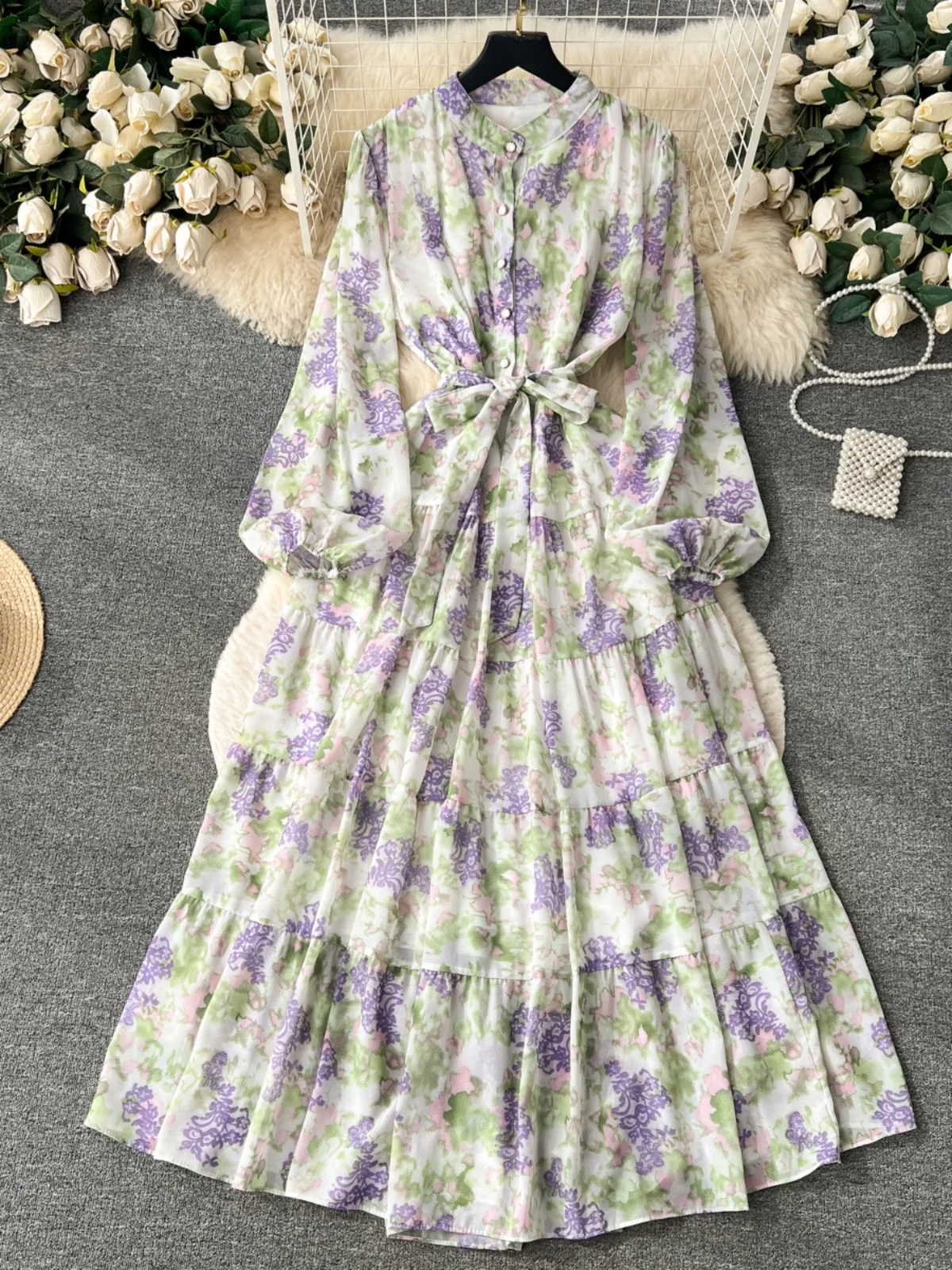 Floral Print Chiffon Dr Women's Autumn New Knee-Length Gown Gentle Waist-Cinching Fairy Skirt A-Line Long Sve Midi Dr