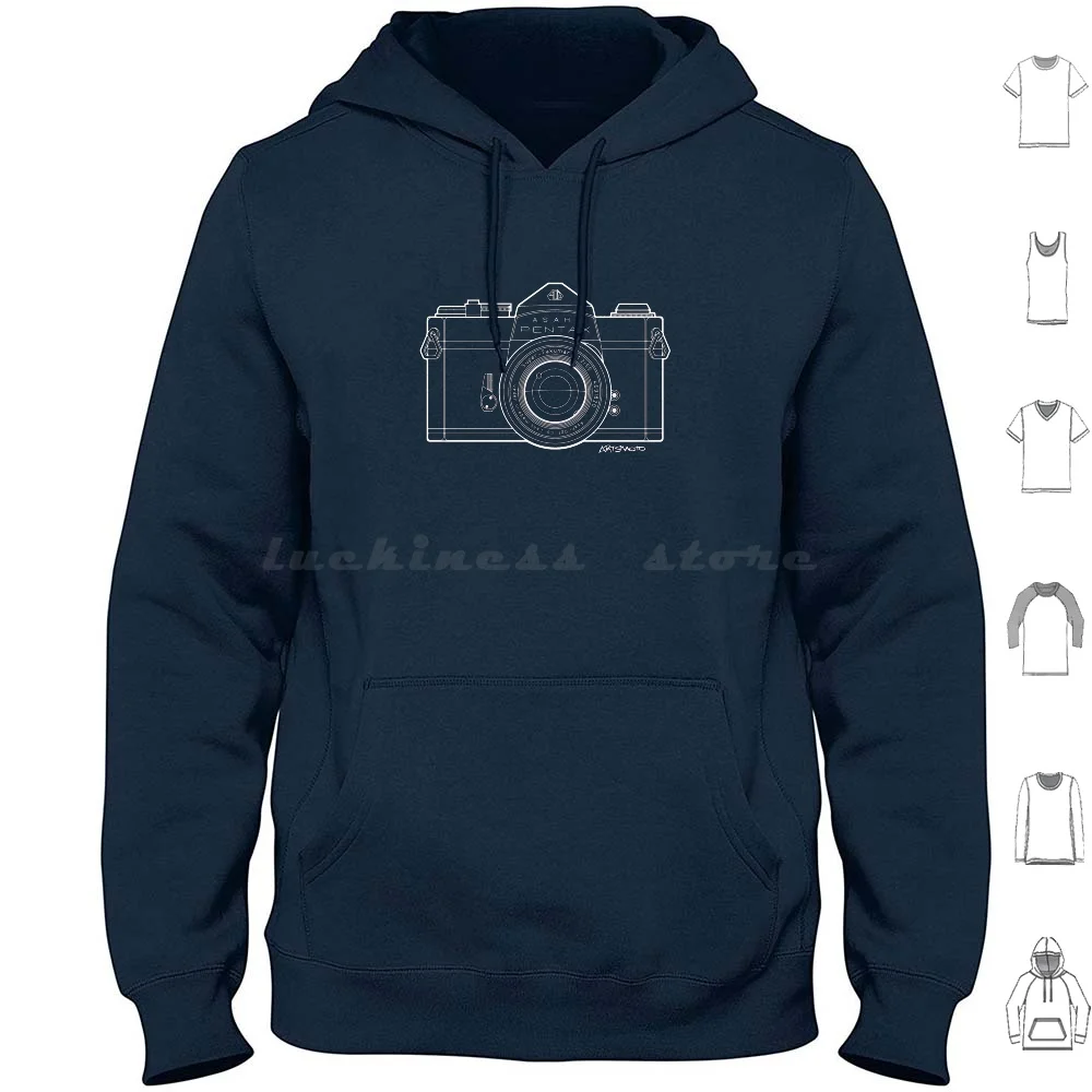 Pentax 35mm Analog Slr Camera Line Art Graphic White Outline Hoodie Cotton Long Sleeve Camera Analog Photographer Pentax Slr