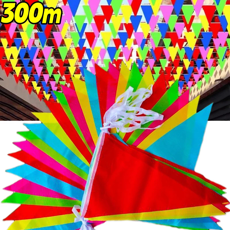 

50-300M Multicolors Triangle Flags Nylon Fabric Bunting Banner Pennants Outdoor Wedding Party Supplies Hanging Decorations